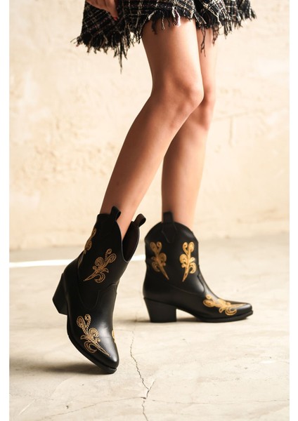Kadın Sidney Nakışlı Kovboy Bot - Siyah-Deri indirimleri