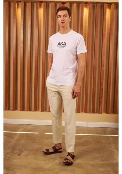 Erkek Comfort Fit Baskılı Pamuklu Tişört Beyaz MARS14