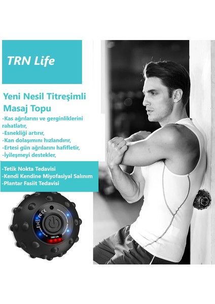 TRN Life Sırt Ayak Bel Tüm Vücut İçin Şarjlı Titreşimli Masaj Topu, Yoga Pilates Fitness Sporcu Masaj Aleti Cihazı