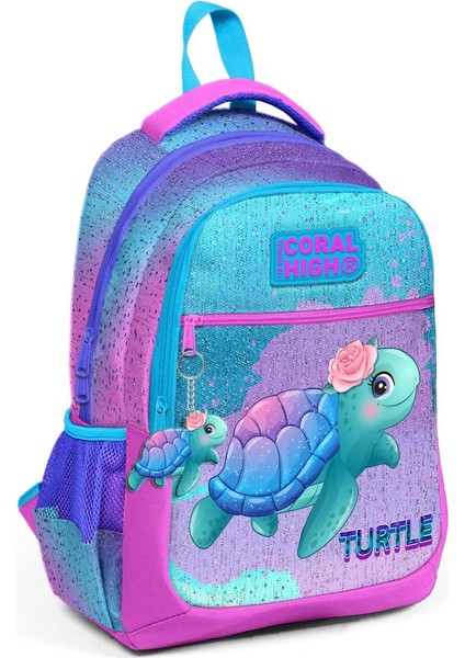 Coral High Kids Açık Pembe Mavi Kaplumbağa Desenli Üç Bölmeli Okul Sırt Çantası 23497