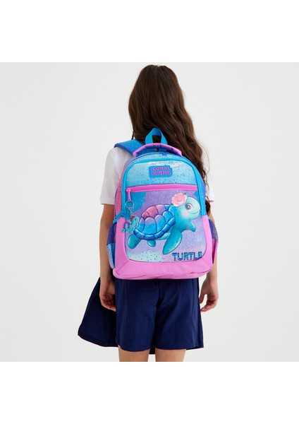 Coral High Kids Açık Pembe Mavi Kaplumbağa Desenli Üç Bölmeli Okul Sırt Çantası 23497