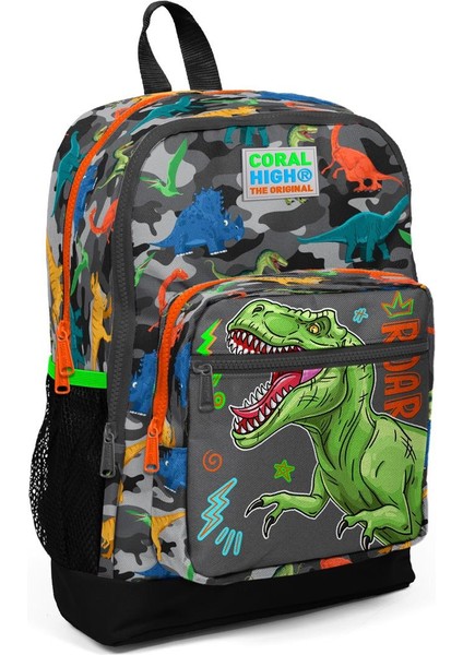 Coral High Kids Siyah Gri Dinozor Desenli Dört Bölmeli Okul Sırt Çantası 23744