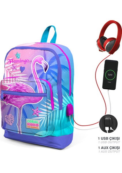 Coral High Kids Lavanta Pembe Flamingo Desenli Dört Bölmeli Usb'li Okul Sırt Çantası 23805