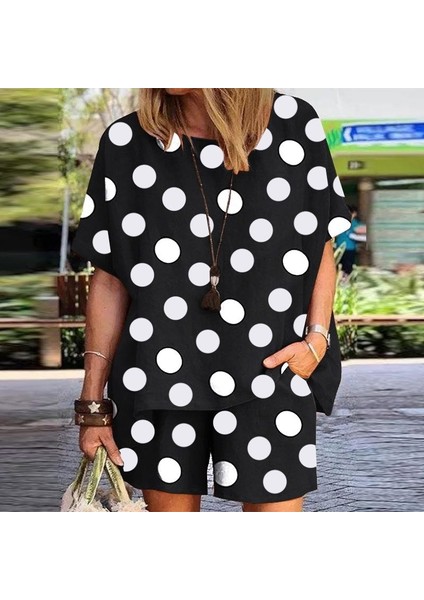 Kadın Puantiye Desen Oversize Kalıp Ithal Krep Kumaş Ikili Takım