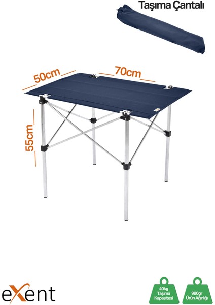 50X70 cm Kamp Masası Katlanabilir Masa, Piknik Bahçe Balkon Plaj Masası, Taşıma Çantalı Masa-Lacivert