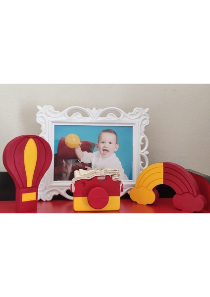 Doğal Ahşap Gökkuşağı + Balon + Fotoğraf Makinesi Galatasaraylı Renklere Özel 3 Lü Set