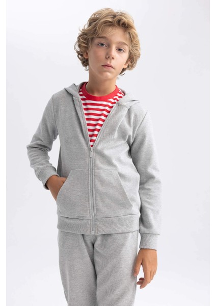 Erkek Çocuk Gri Kapüşonlu Okul Hırkası T7468A623AU