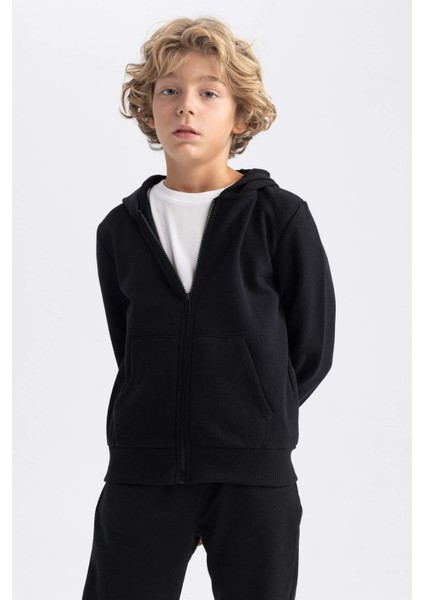 Erkek Çocuk Siyah Kapüşonlu Pike Okul Hırkası X5844A623AU