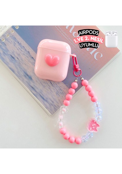 Airpods 1. ve 2.nesil Uyumlu Pembe Kalpli Kulaklık Kılıfı, Darbe Emici Inci Kopçalı Premium Silikon Kılıf