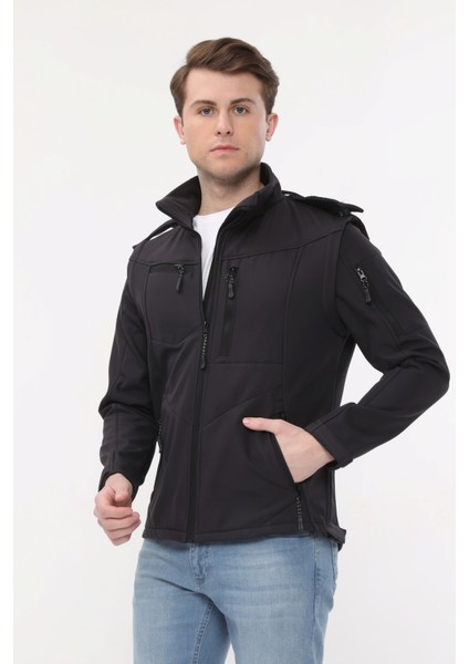 Taktikal Softshell Mont Kollar ve Kapşon Çıkabilir Erkek Füme