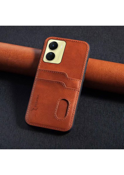 Vivo Y16 Uyumlu Kılıf Zebana Kartlıklı Lüx Deri Kılıf Kahverengi