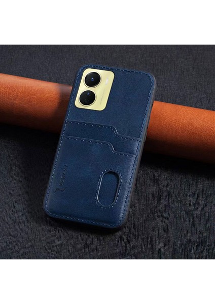 Vivo Y16 Uyumlu Kılıf Zebana Kartlıklı Lüx Deri Kılıf Lacivert