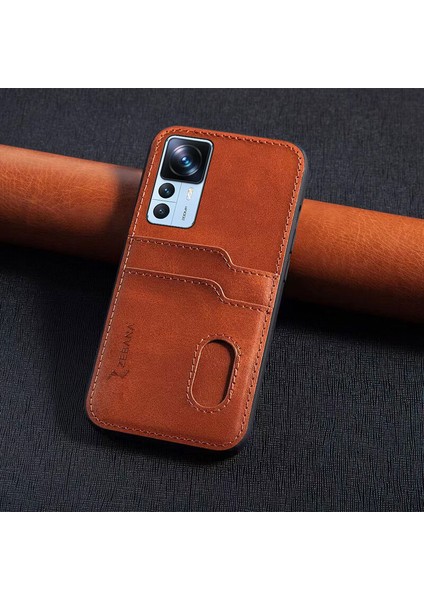 Xiaomi Mi 12T Uyumlu Kılıf Zebana Kartlıklı Lüx Deri Kılıf Kahverengi