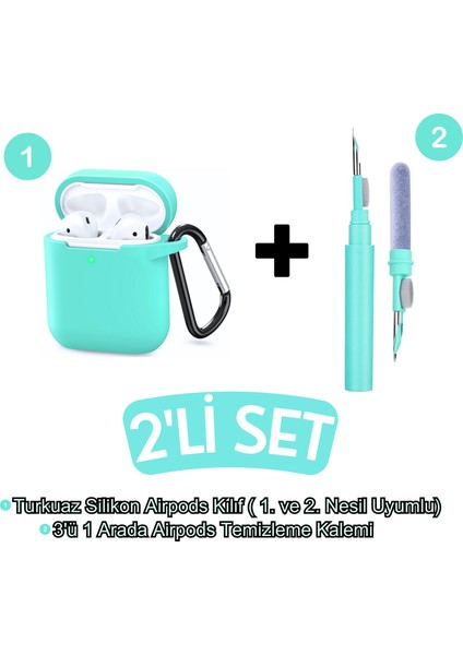 Airpods 1. ve 2.nesil Uyumlu Turkuaz Silikon Kılıf ve Turkuaz 3'ü 1 Arada Kulaklık Temizleme Kalemi Seti