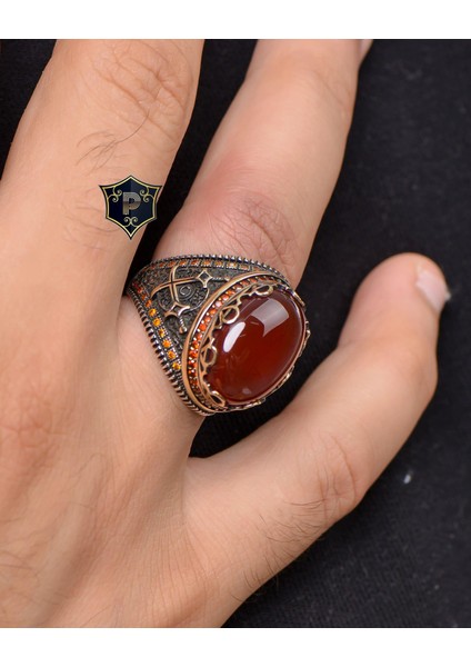 Gümüş Kılıç Figürlü Akik Taşlı Zirkon Taş Süslemeli 925 Ayar Gümüş Erkek Yüzüğü fiyatları