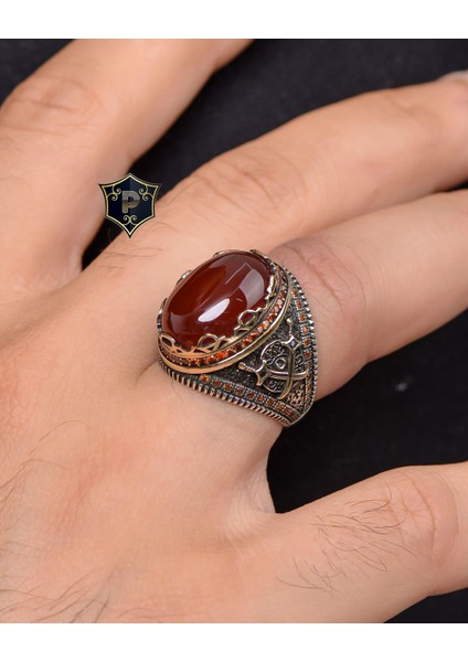 Gümüş Kılıç Figürlü Akik Taşlı Zirkon Taş Süslemeli 925 Ayar Gümüş Erkek Yüzüğü modelleri