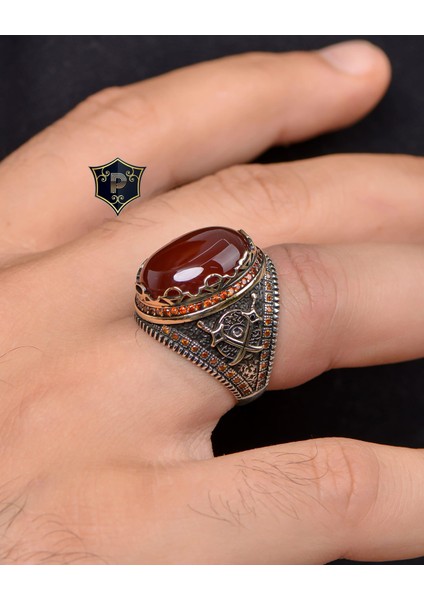 Gümüş Kılıç Figürlü Akik Taşlı Zirkon Taş Süslemeli 925 Ayar Gümüş Erkek Yüzüğü indirimleri