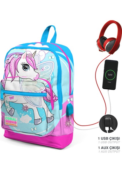 Coral High Kids Mavi Neon Pembe Unicorn Desenli Dört Bölmeli Usb'li Okul Sırt Çantası 23811
