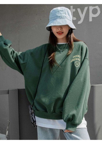 Kadın Merry Cheerful Baskılı Oversize Sweatshirt