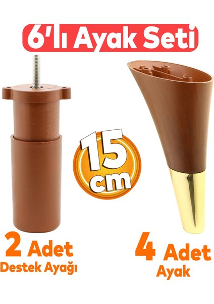 Clara 6'lı Set Mobilya Koltuk Kanepe Baza Yatak Tv Ünite Destek Ayağı 15 Cm Ayakları Kahverengi Gold
