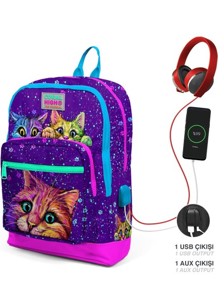 Coral High Kids Mor Pembe Kedi Desenli Dört Bölmeli Usb'li Okul Sırt Çantası 23832