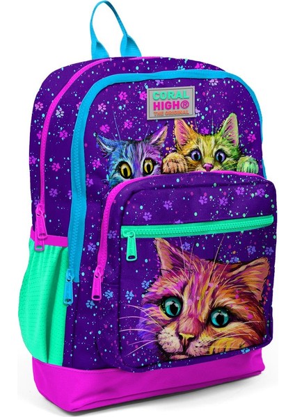 Coral High Kids Mor Pembe Kedi Desenli Dört Bölmeli Usb'li Okul Sırt Çantası 23832 fırsatları