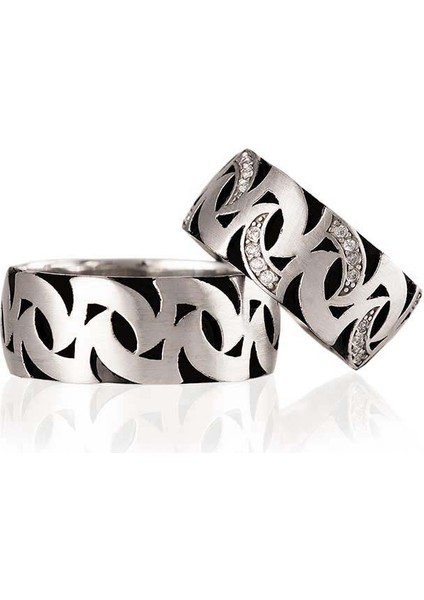 Siyah Rodajlı Motif Model Bay Gümüş Alyans