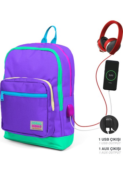 Coral High Kids Mor Renk Detaylı Dört Bölmeli USB Şarjlı Kulaklık Çıkışlı Okul Sırt Çantası 23834