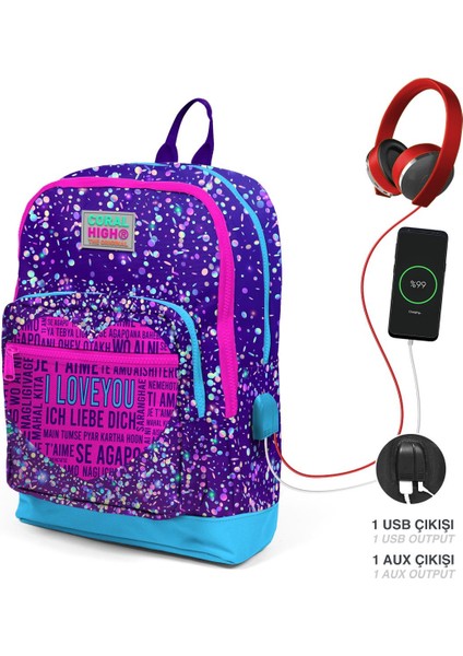 Coral High Kids Mor Mavi Pembe Kalp Desenli Dört Bölmeli Usb'li Okul Sırt Çantası 23840