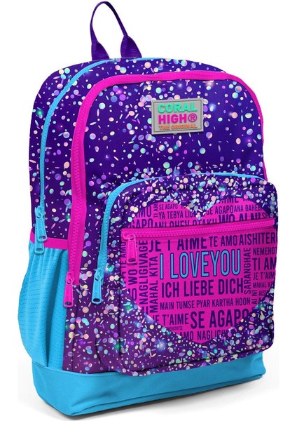 Coral High Kids Mor Mavi Pembe Kalp Desenli Dört Bölmeli Usb'li Okul Sırt Çantası 23840