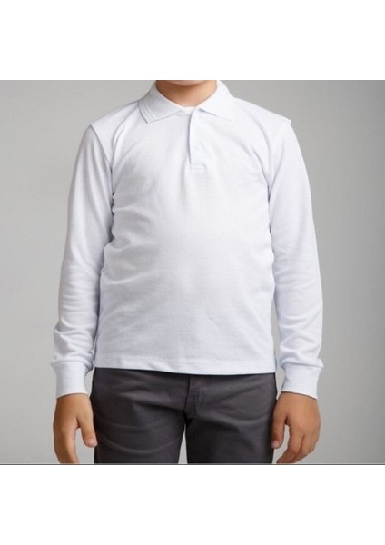 Uzun Kol Polo Yaka Beyaz Lakos Okul T-Shirt