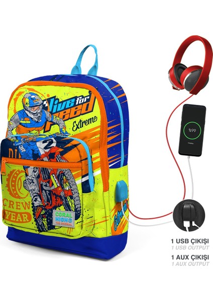 Coral High Kids Fosforlu Sarı Saks Motorsiklet Desenli Dört Bölmeli Usb'li Okul Sırt Çantası 23842