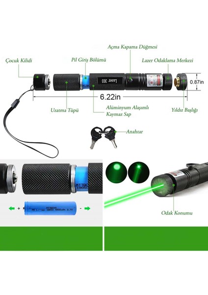 V-009 Pro Series Yeşil Lazer Pointer Şarjlı Pilli 1000MW Cep Boy Lazer