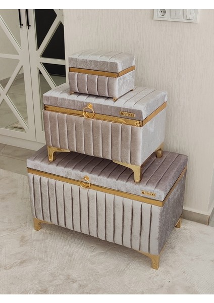 3 Parça Gri Renk Altın Şeritli Modern Gelin Çeyiz Sandığı