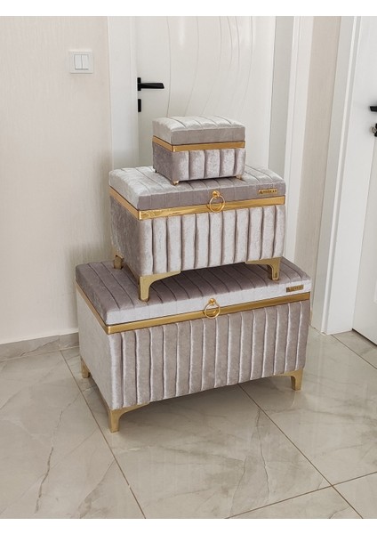 3 Parça Gri Renk Altın Şeritli Modern Gelin Çeyiz Sandığı modelleri