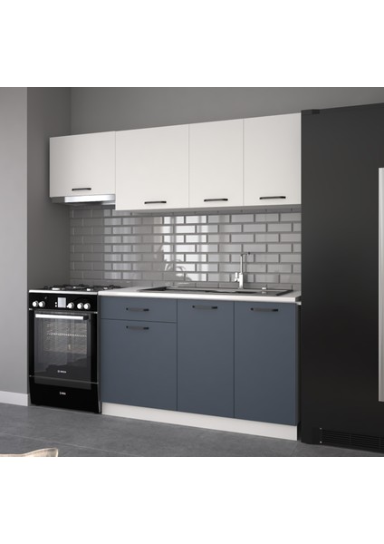 200 cm Pınar Hazır Mutfak Dolabı - Aspiratör Modüllü - Beyaz-Antrasit (TEZGAH DAHİL)