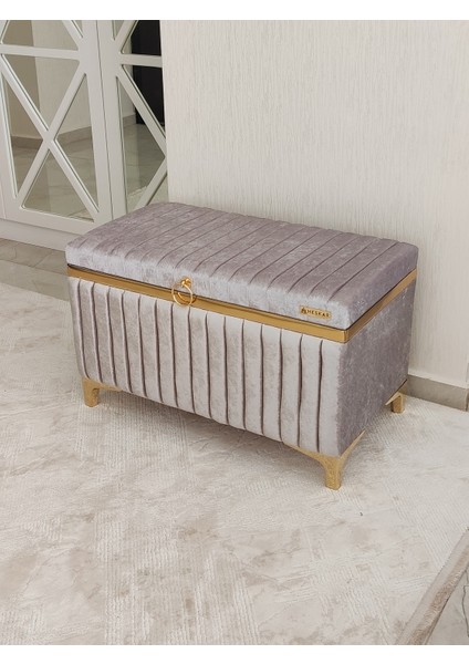 Tek Parça Gri Renk Altın Şeritli Modern Büyük Gelin Çeyiz Sandığı