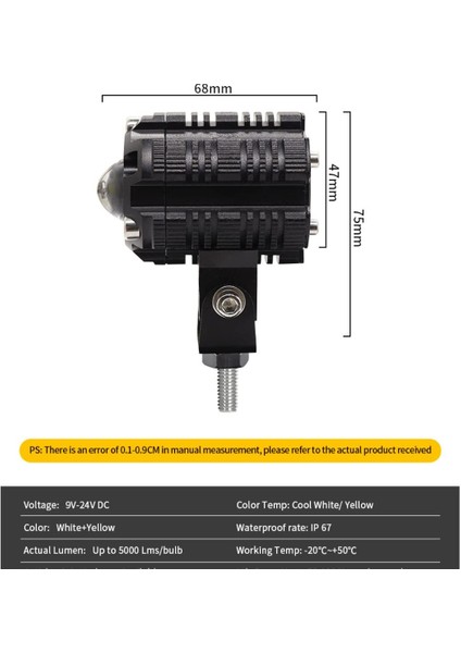 Motosiklet Sis Lamba Beyaz Sarı Çizgi Işık 10W Mercekli Takım