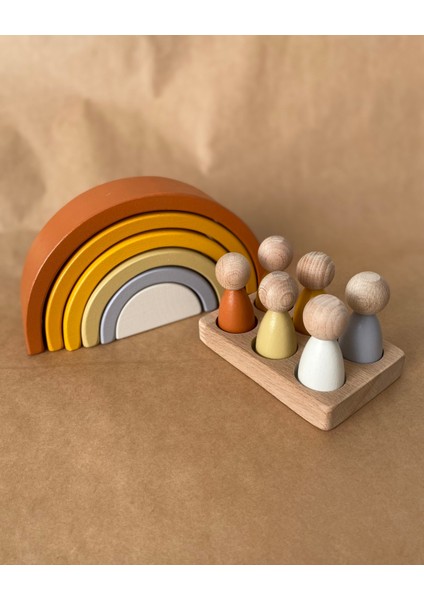 Waldorf 6 Parçalı Gökkuşağı 6 Lı Peg Bebek Tabla Seti Pastel Renk Eşleştirme Kahve- Sarı Renk