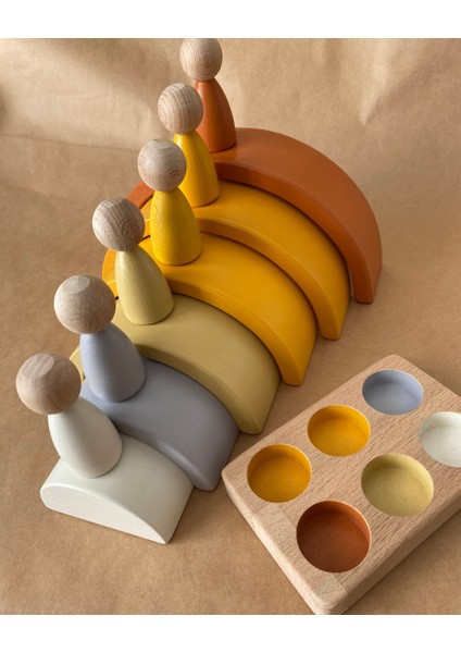 Waldorf 6 Parçalı Gökkuşağı 6 Lı Peg Bebek Tabla Seti Pastel Renk Eşleştirme Kahve- Sarı Renk fiyatları
