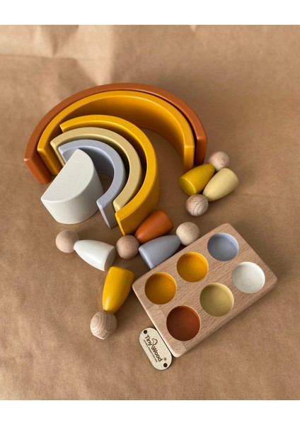 Waldorf 6 Parçalı Gökkuşağı 6 Lı Peg Bebek Tabla Seti Pastel Renk Eşleştirme Kahve- Sarı Renk modelleri