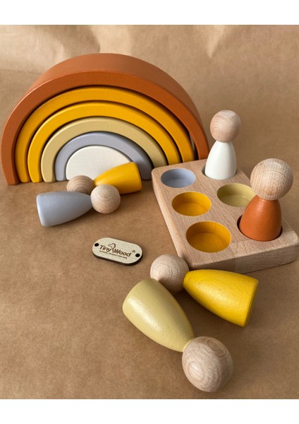 Waldorf 6 Parçalı Gökkuşağı 6 Lı Peg Bebek Tabla Seti Pastel Renk Eşleştirme Kahve- Sarı Renk fırsatları