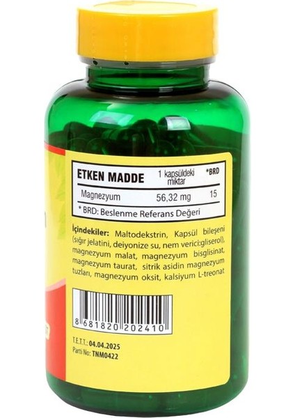 Magnezyum Kompleks 100 Kapsül Magnesium Complex Malat Bisglisinat Taurat Sitrat Oksit Kalsiyum L-Treonat