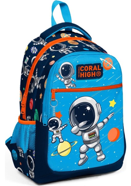 Lacivert Mavi Astronot Desenli Üç Bölmeli Okul Sırt Çantası Ilköğretim Çantası