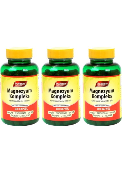 Magnesium Complex 3 x 100 Kapsül Magnezyum Kompleks Malat Bisglisinat Taurat Sitrat Oksit Kalsiyum L-Treonat
