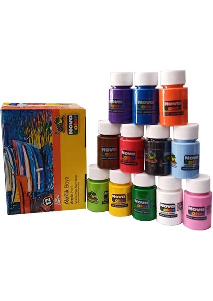 Nova Color Akrilik Boya 12 Renk 30 ml 1 Paket Akrilik Boya Seti 12 Li Ahşap Tuval Taş Ağaç Boyamalar Için Idea Boyama Seti