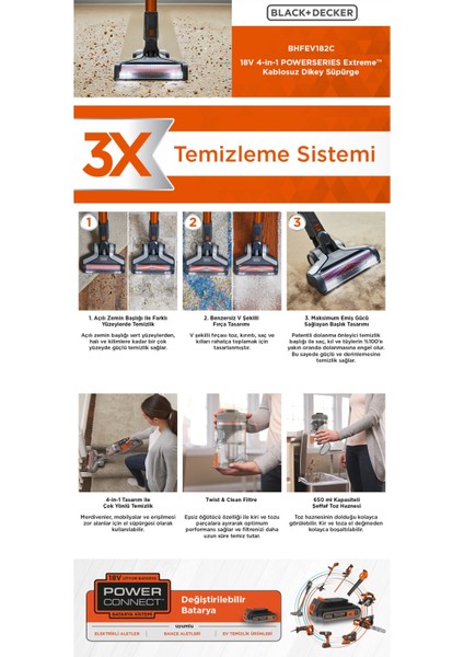 BHFEV182C 18V-36W/H Kablosuz Şarjlı Dikey Süpürge Turuncu indirimleri