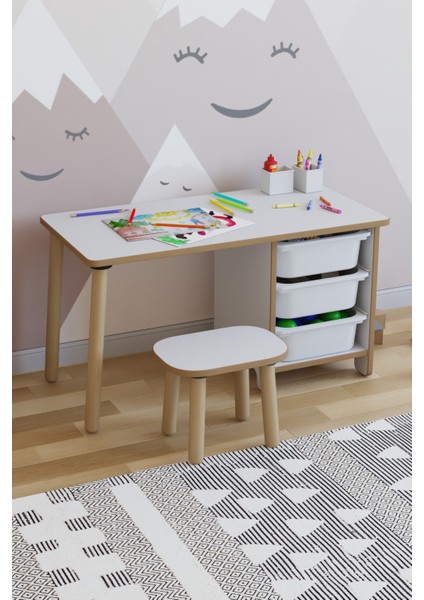 Çocuk Masa Takımı 90X45 cm 3 Sepetli Çocuk Çalışma Masası Aktivite Masası Yaz-Sil 1 Adet Tabureli