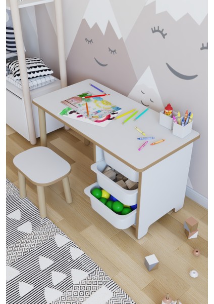 Çocuk Masa Takımı 90X45 cm 3 Sepetli Çocuk Çalışma Masası Aktivite Masası Yaz-Sil 1 Adet Tabureli fırsatları