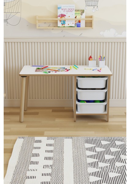 Çocuk Masası 90 x 45 cm 3 Sepetli Çocuk Çalışma Masası Aktivite Masası Yaz-Sil